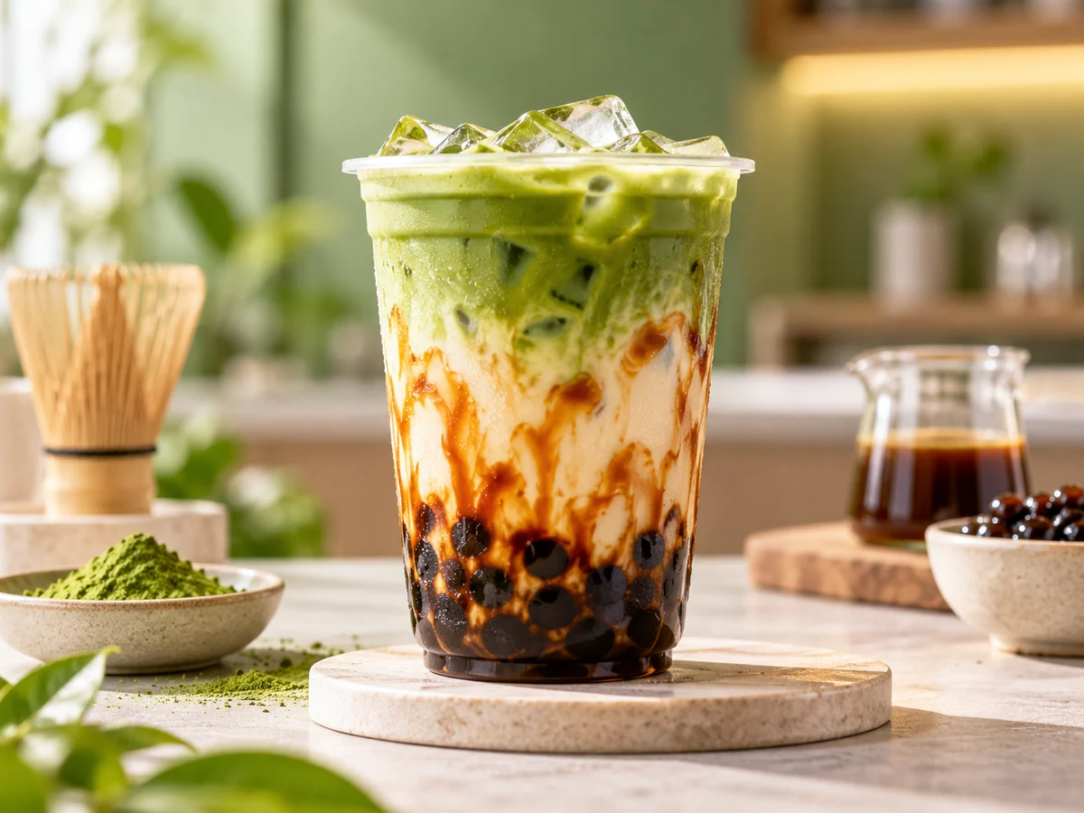 Brown sugar matcha boba tea with tapioca pearls and syrup swirls