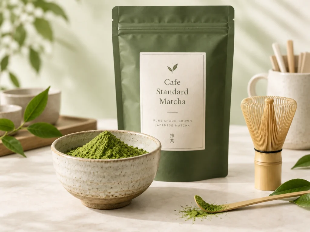 Cafe Standard Matcha pouch with bright green matcha powder in a ceramic bowl, bamboo whisk and scoop in a soft natural tea setting.