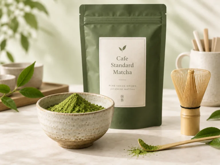Cafe Standard Matcha pouch with bright green matcha powder in a ceramic bowl, bamboo whisk and scoop in a soft natural tea setting.