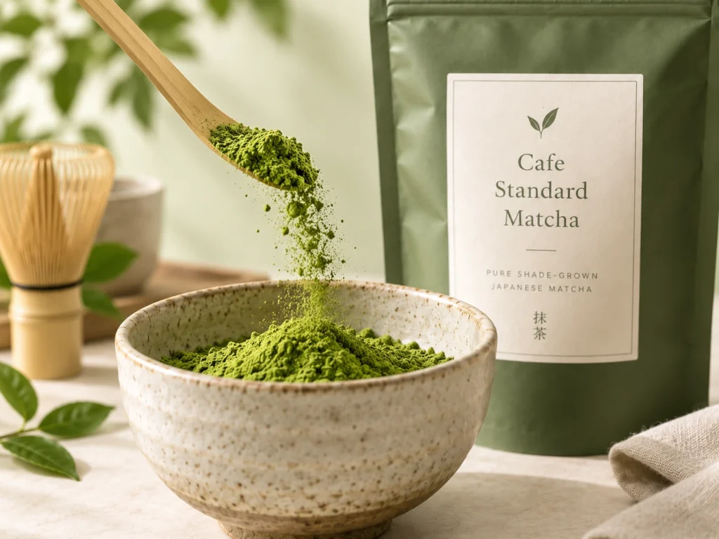 Close-up of Cafe Standard Matcha powder being poured from a bamboo scoop into a ceramic bowl beside the product pouch.