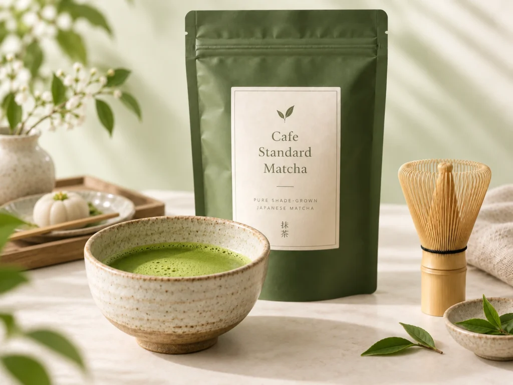 Cafe Standard Matcha pouch beside a bowl of whisked matcha tea with bamboo whisk in a calm natural light setting.