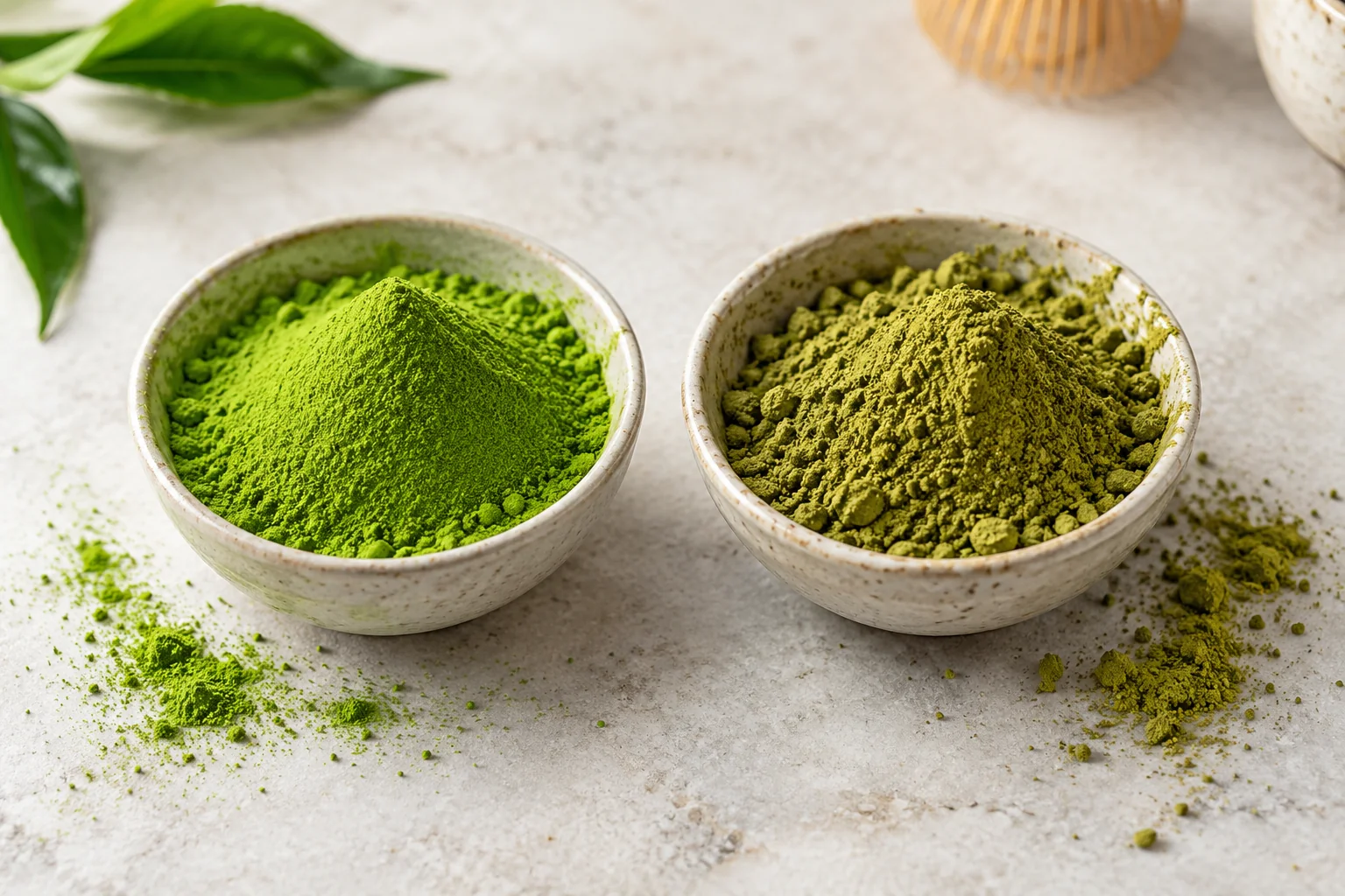 A side-by-side comparison of ceremonial or culinary grade matcha powder, showing differences in color and texture