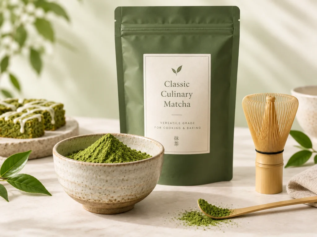 Classic Culinary Matcha powder in a ceramic bowl with baking treats, bamboo whisk, and branded pouch for cooking and baking applications.
