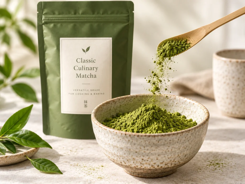 Close-up of Classic Culinary Matcha powder being poured from a bamboo scoop into a ceramic bowl beside the product pouch.