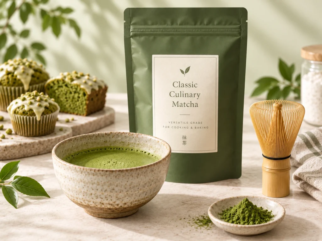 Classic Culinary Matcha prepared in a ceramic bowl beside the branded pouch, with matcha baked goods in a soft natural-light setting.