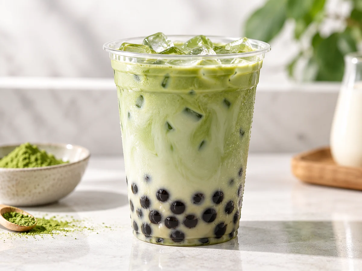 Classic iced matcha milk tea boba with tapioca pearls