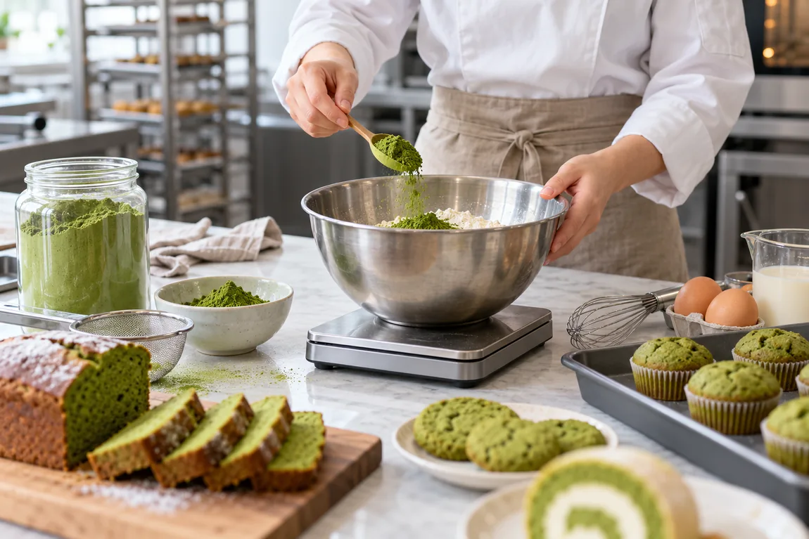 Pastry chef measuring green matcha powder into a mixing bowl for bakery production