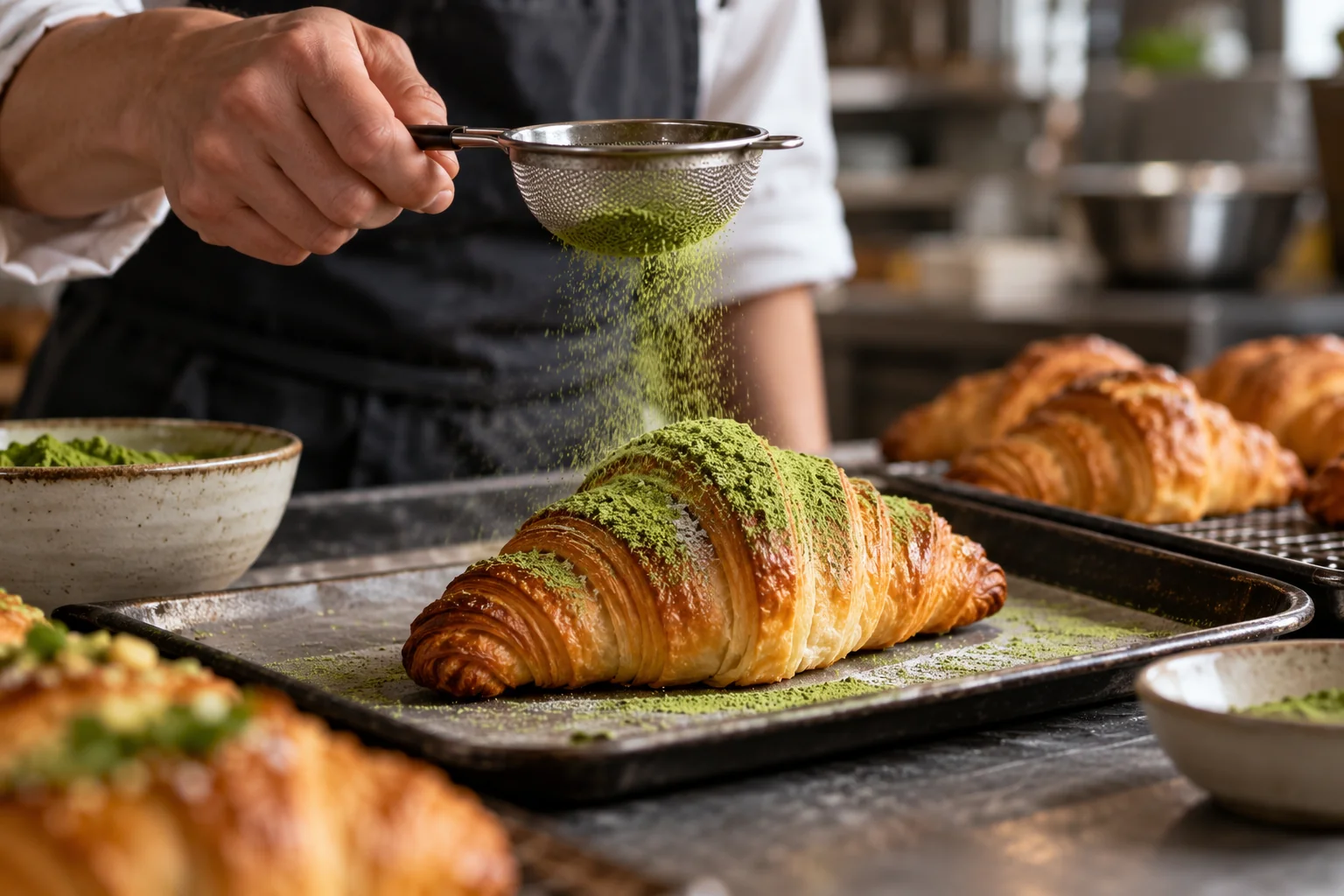 A baker dusting culinary grade matcha powder over a finished croissant, showcasing its use in food production