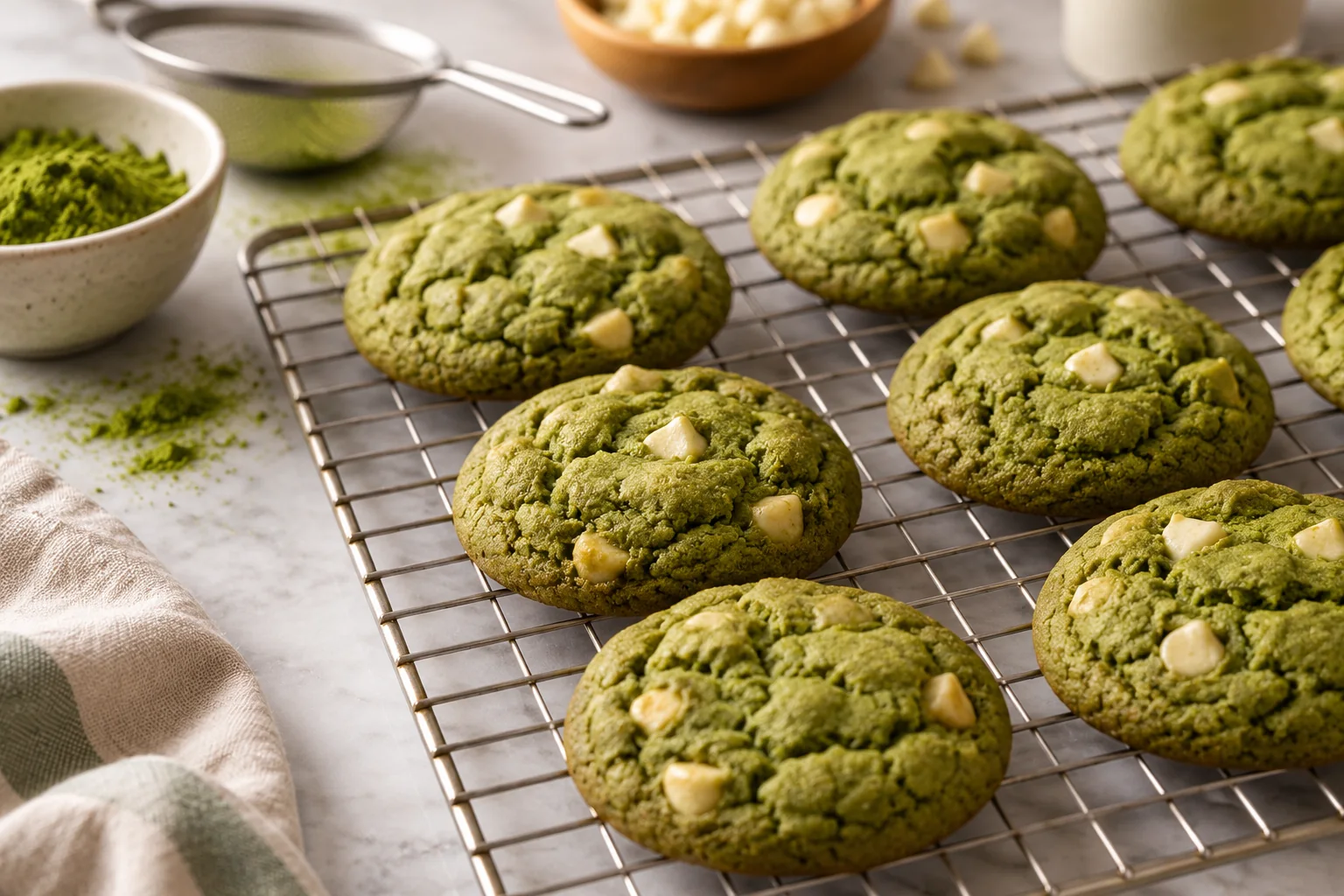 Freshly baked matcha cookies on a cooling rack, showcasing a stable and appealing green matcha color after baking.