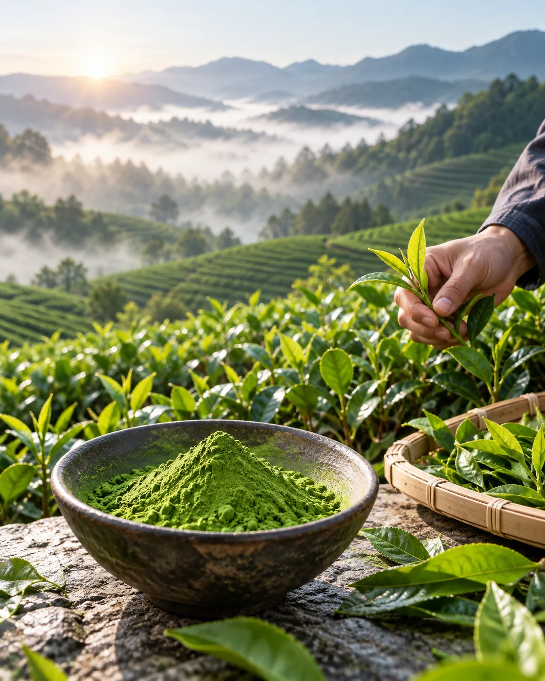 Illustrative tea-growing landscape with freshly picked leaves and matcha powder