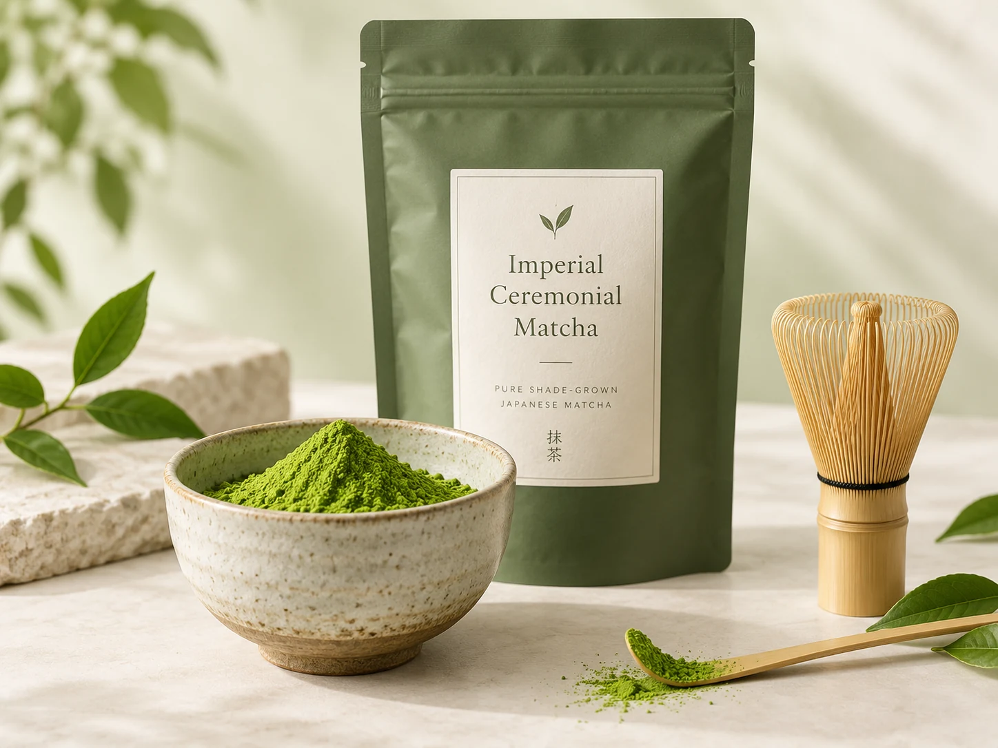 Imperial Ceremonial Matcha powder in a ceramic bowl with bamboo whisk and premium green packaging