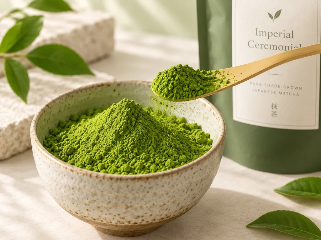 Close-up of Imperial Ceremonial Matcha powder in a ceramic bowl with a bamboo scoop and premium packaging