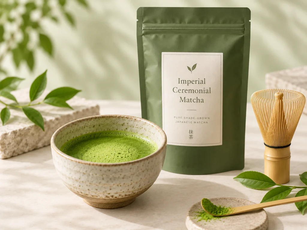 Imperial Ceremonial Matcha prepared as traditional whisked matcha in a ceramic bowl with premium packaging