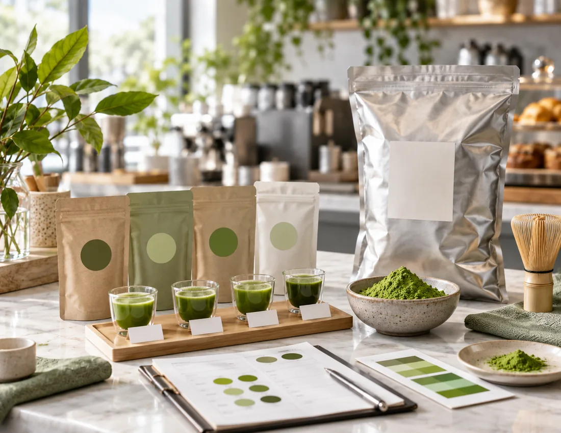 Matcha powder samples and commercial packaging prepared for café quality evaluation