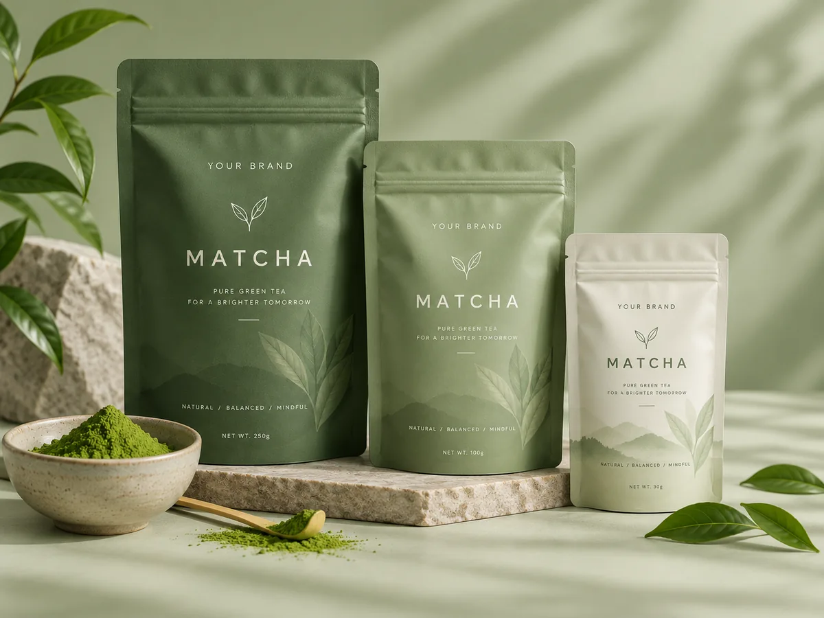 Three private label matcha powder stand-up pouches in different sizes with botanical packaging designs