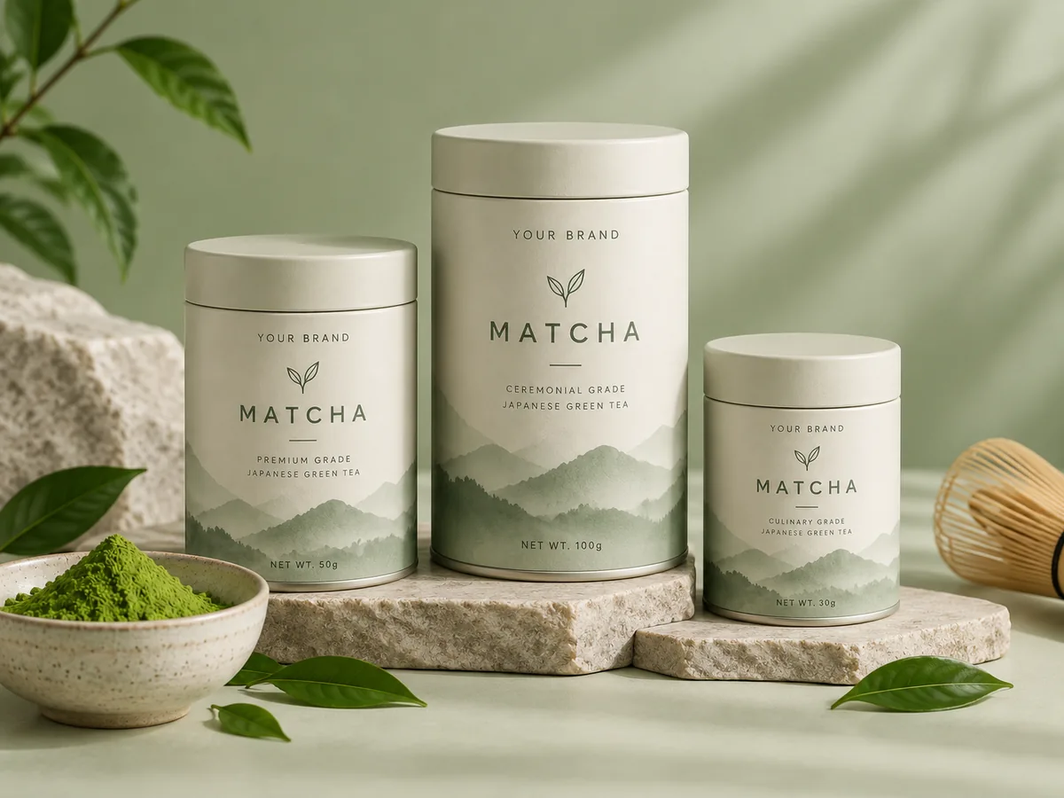 Custom private label matcha tins in three sizes displayed with a ceramic bowl of green matcha powder