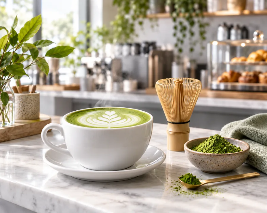 Hot café matcha latte served with steamed milk and matcha preparation tools