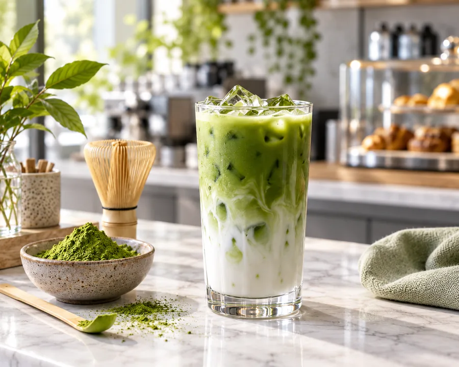 Iced matcha latte with milk and ice for a coffee shop beverage menu