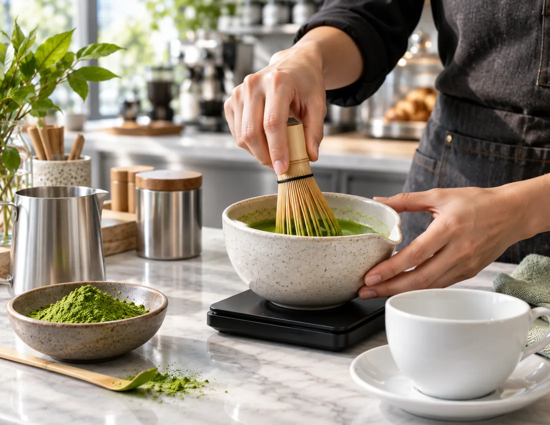 Barista mixing measured matcha with water to make a smooth latte base