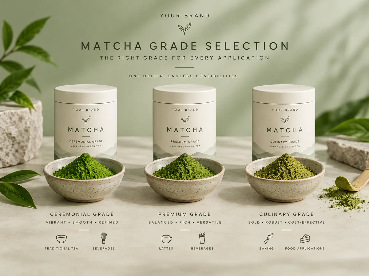 Three matcha powder grades shown in ceramic bowls for color comparison and product grade selection