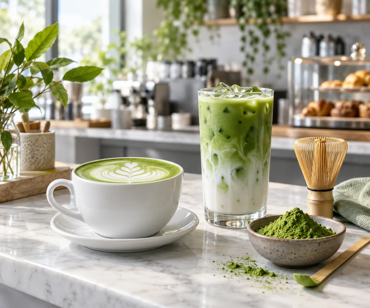 Hot and iced matcha lattes prepared for a café menu with premium green matcha powder