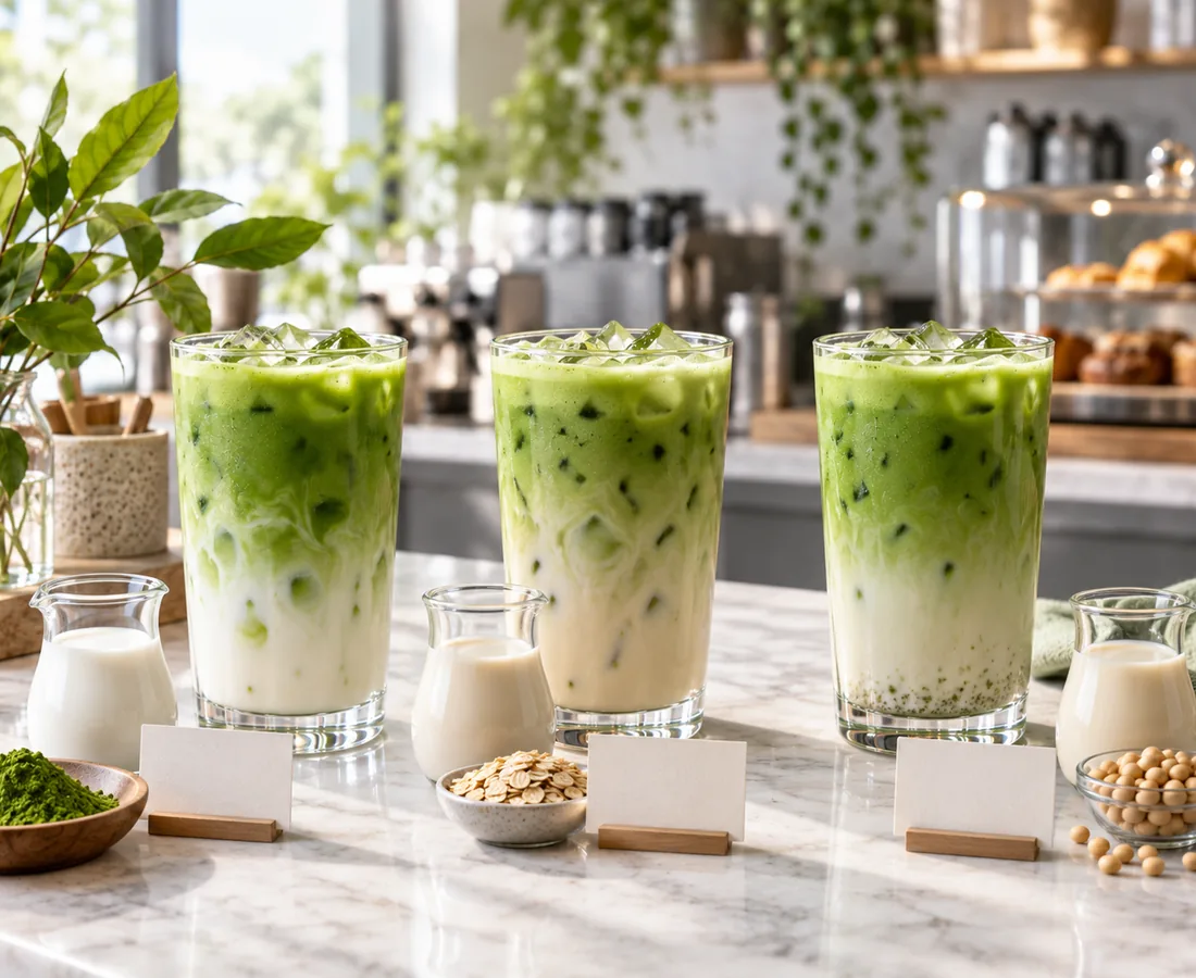Café matcha latte trials comparing green color and texture in different milks
