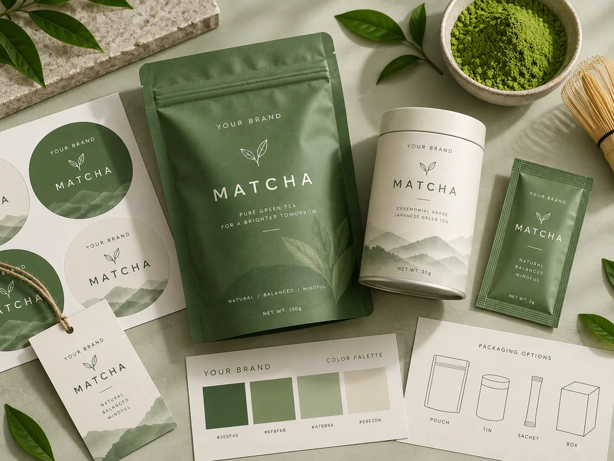 Private label matcha design concept with printed brand labels, pouch, tin, sachet and packaging color swatches