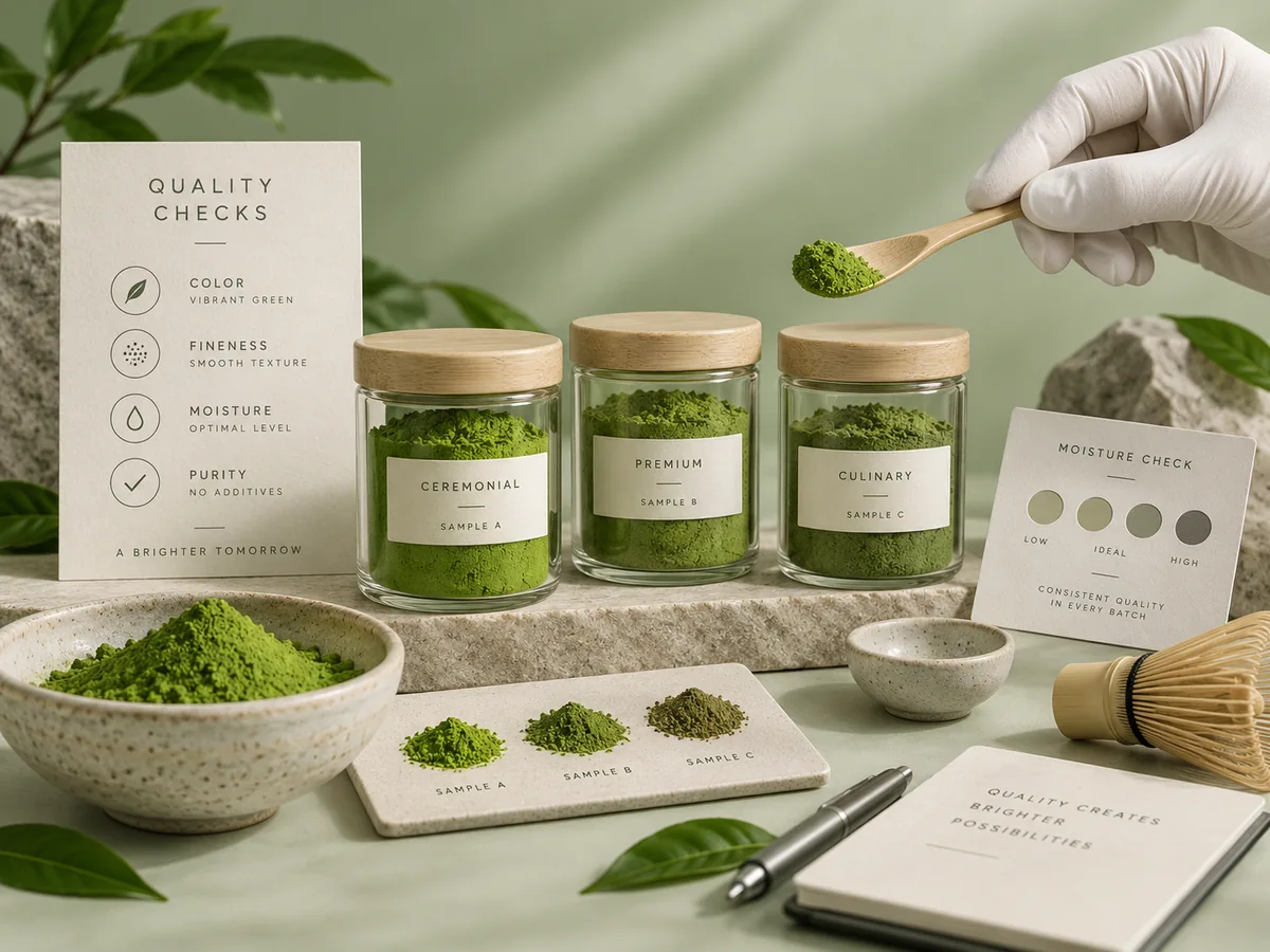 Illustrative matcha powder quality inspection with sample jars, powder color comparison and moisture checking materials