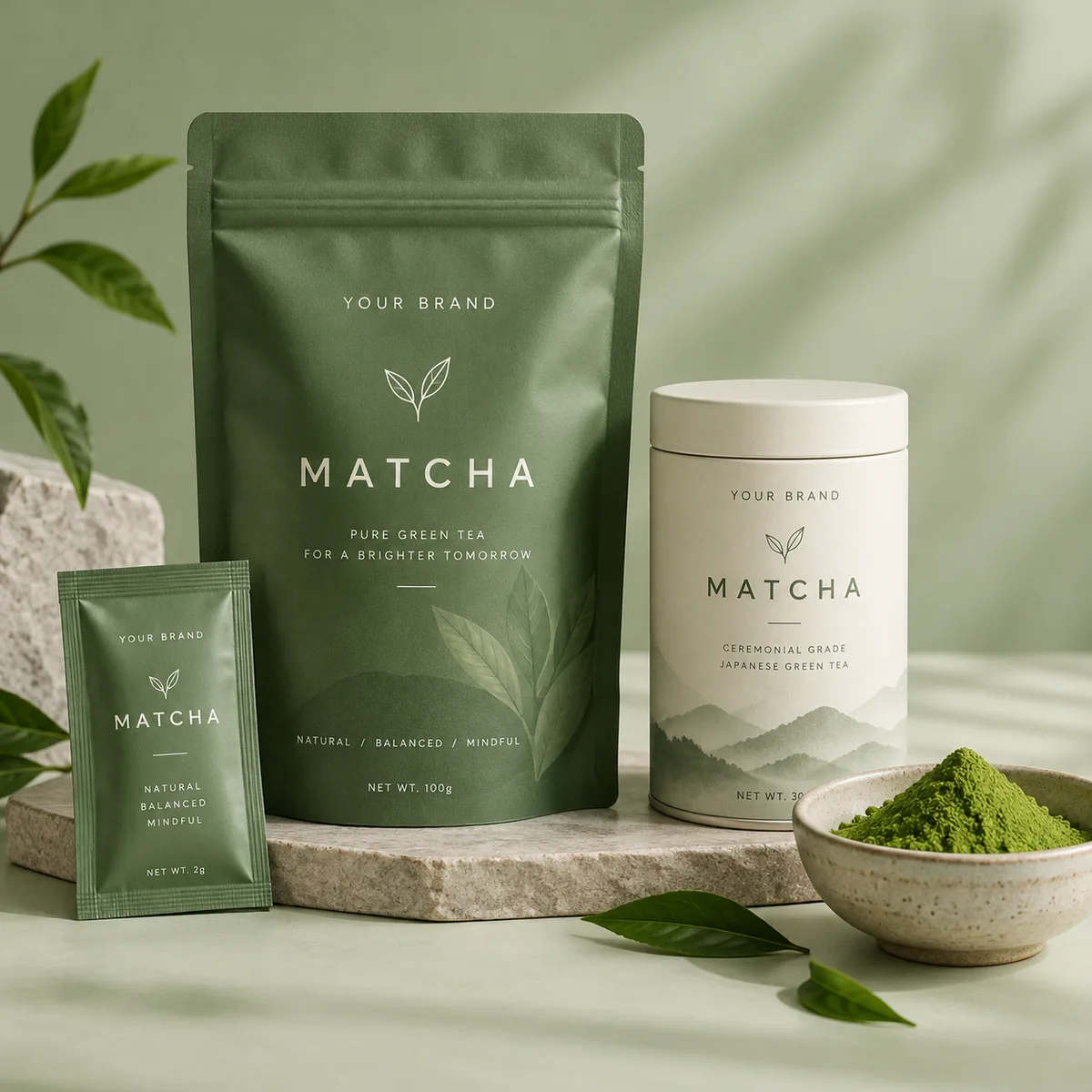 Private label matcha packaging concepts with a branded pouch, tin, single-serve sachet and bowl of matcha powder