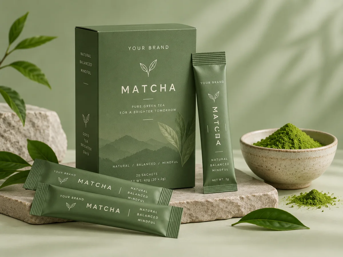 Custom private label matcha single-serve sachets and branded retail carton packaging beside a bowl of matcha powder