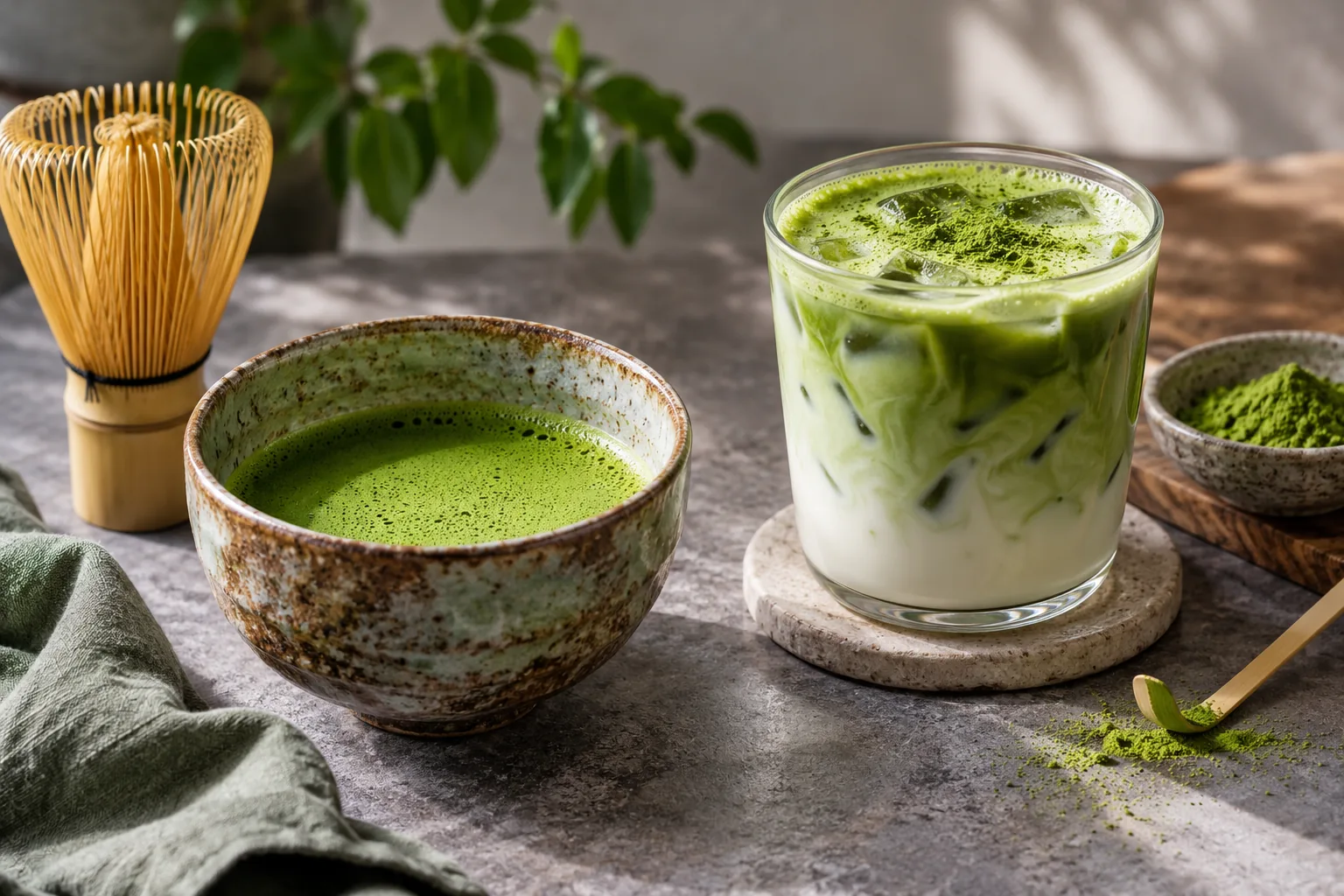 Matcha Application Determines Grade Choice A vibrant green pure matcha tea served in a traditional bowl next to a creamy matcha latte, illustrating different applications for matcha from a wholesale supplier.