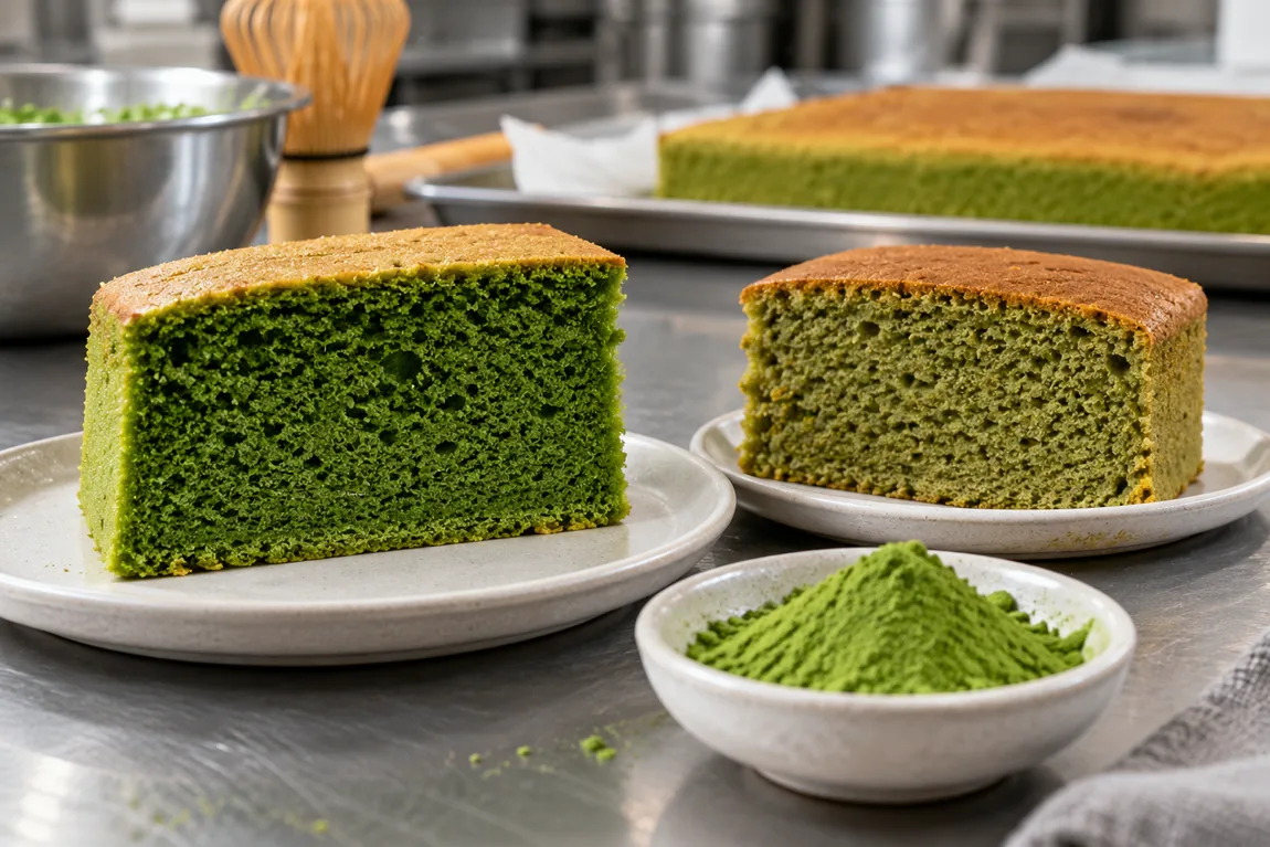Two sliced matcha sponge cakes showing different green crumb tones after baking