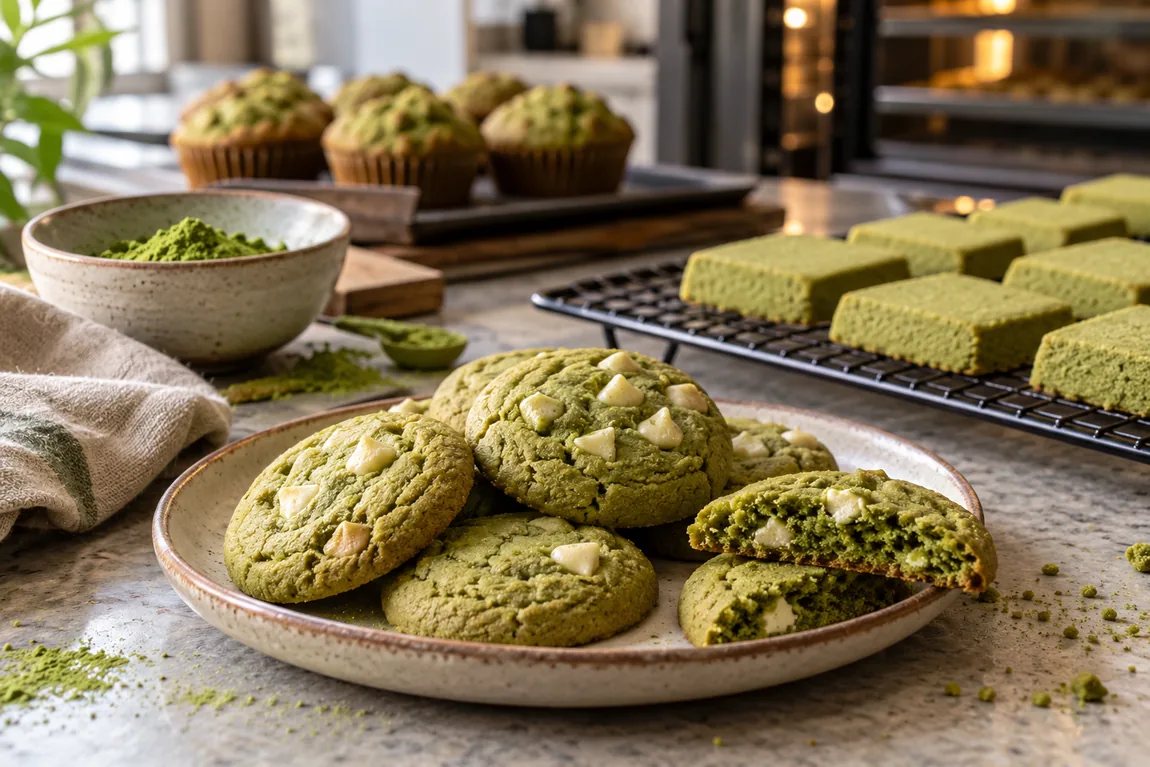 Freshly baked matcha cookies with white chocolate and green tea shortbread