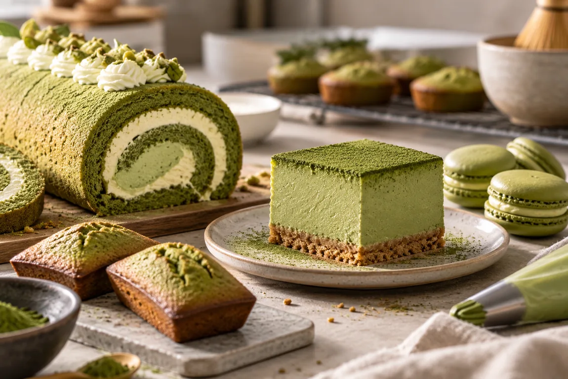 Matcha Swiss roll, cheesecake and macarons in a pastry shop