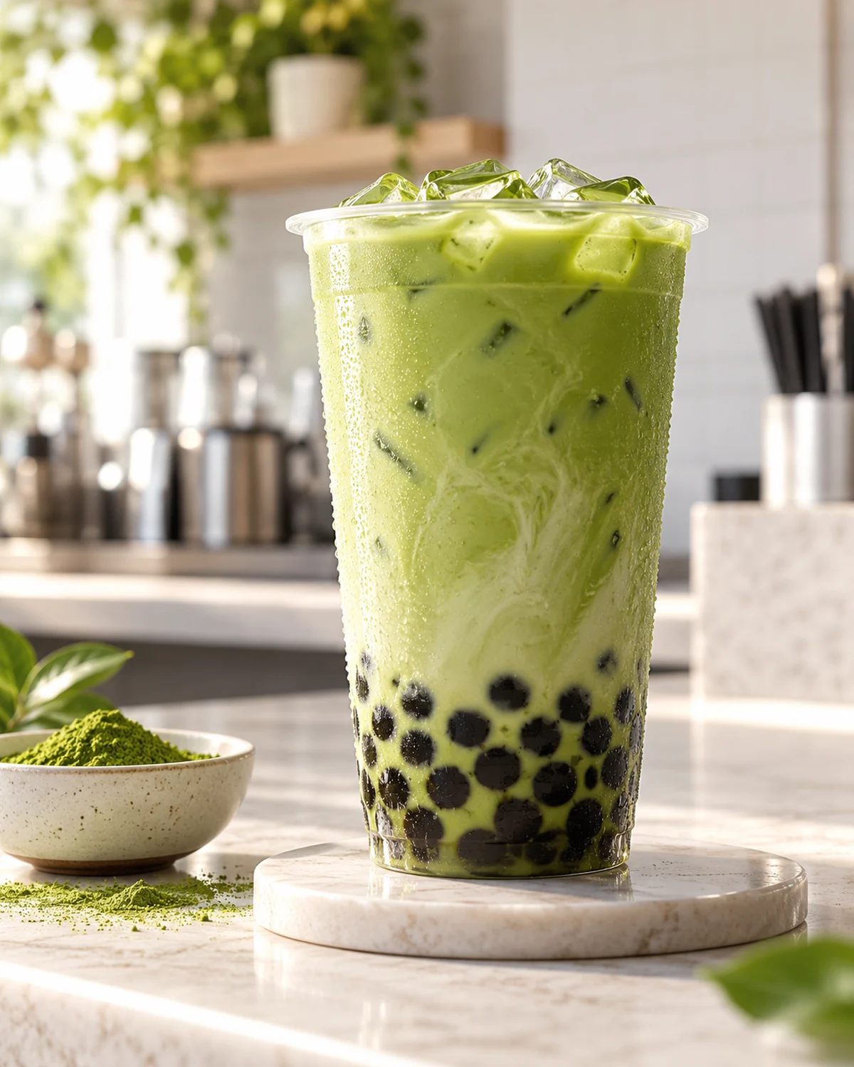 Iced matcha bubble tea with black tapioca pearls served in a clear cup