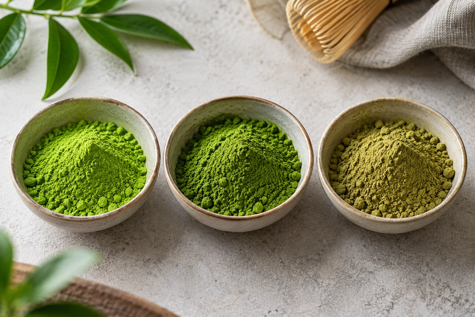 Three bowls showing the difference in matcha color from ceremonial (vibrant green), premium (bright green), to culinary (yellow-green).