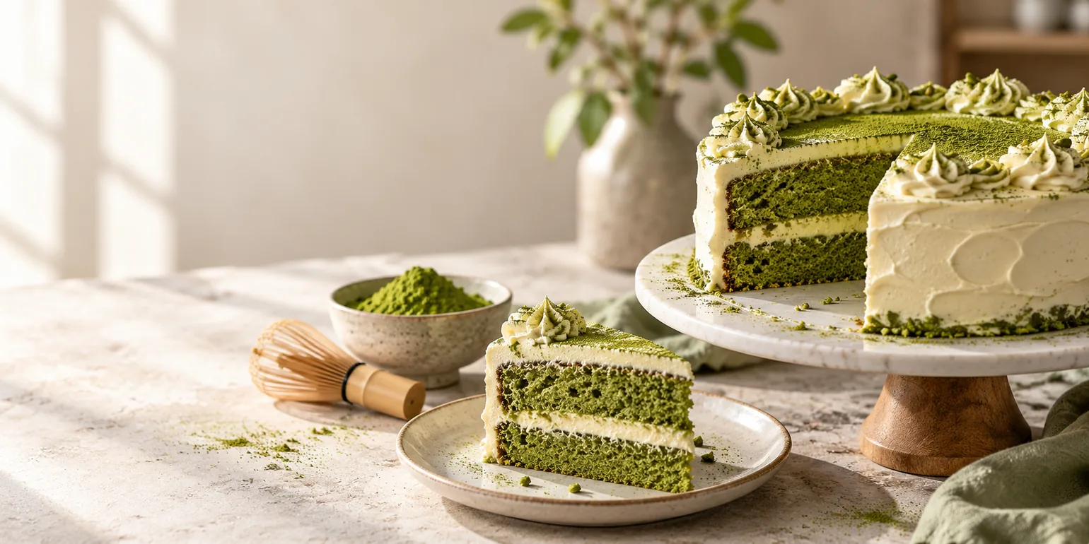 Wide matcha layer cake with cream frosting and a slice on a cafe counter