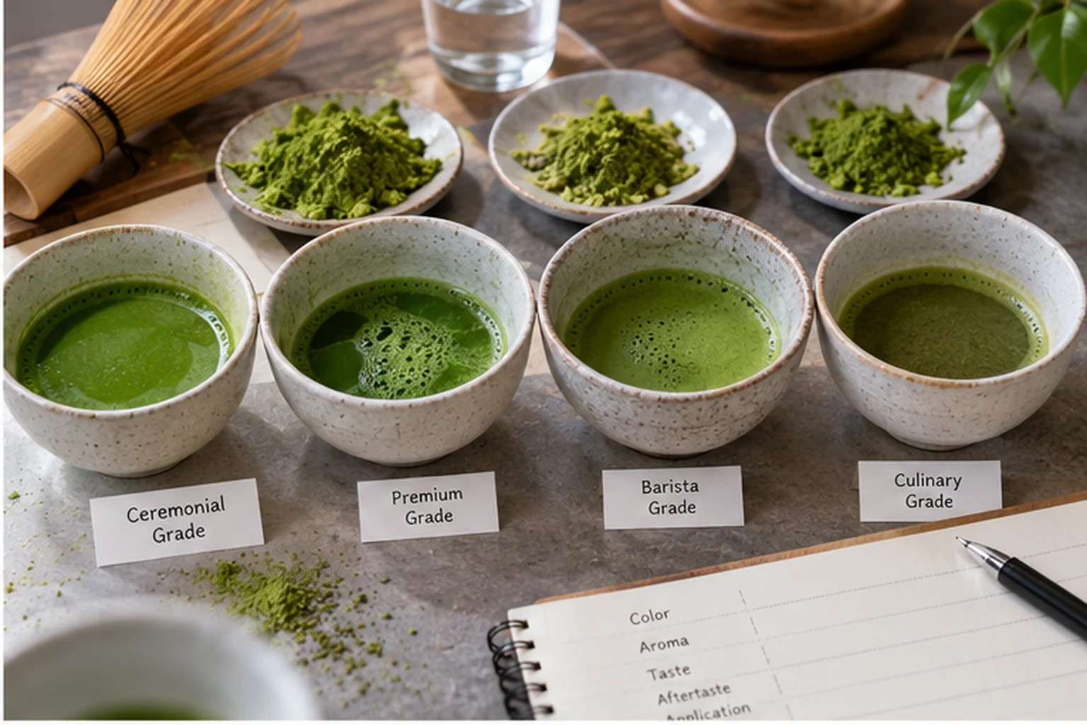 Four bowls of prepared ceremonial, premium, barista and culinary matcha compared alongside powder samples and tasting notes.