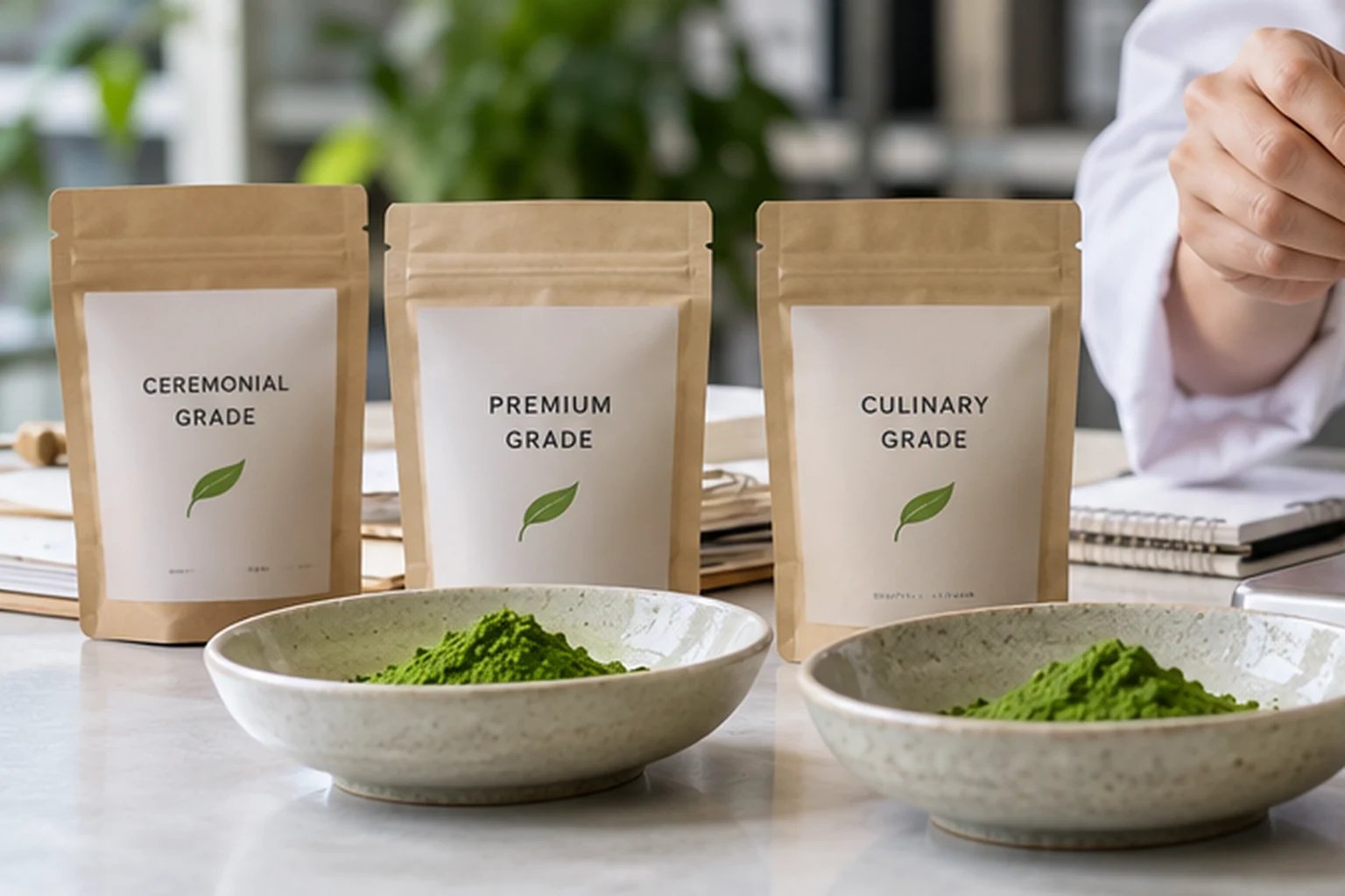 Curated ceremonial, premium and culinary matcha sample pouches and bowls prepared for targeted product development testing.