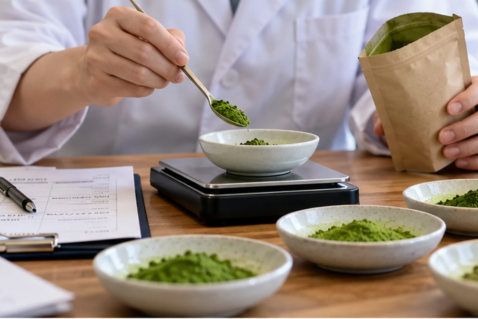 A matcha product developer weighing green matcha powder samples on a digital scale during research and development.
