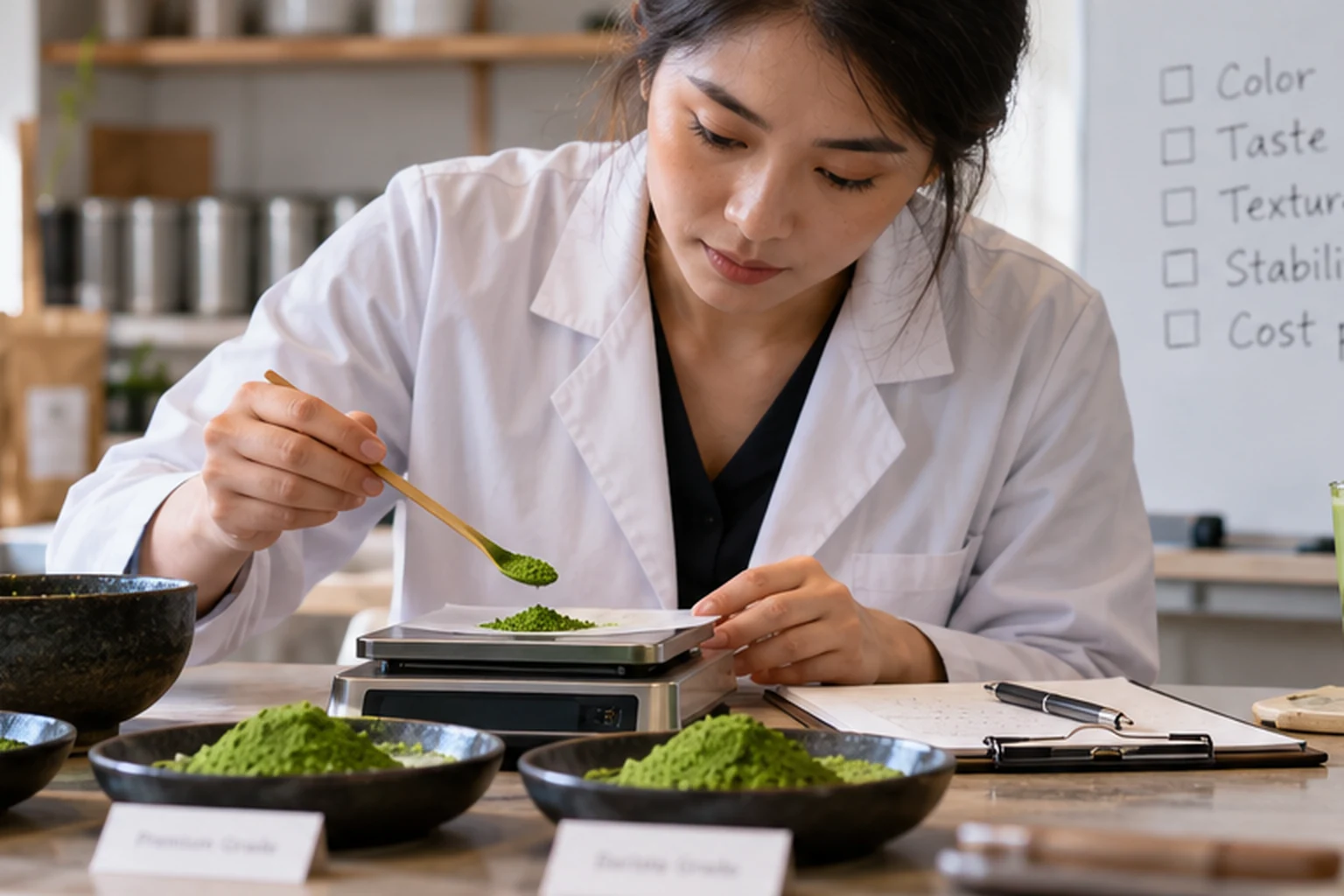 A product developer evaluating matcha powder beside an R&D notebook and a checklist of sensory and cost goals.