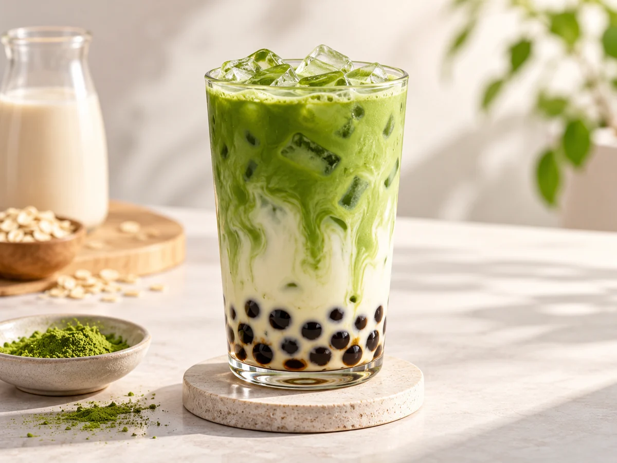 Oat milk matcha bubble tea with ice and tapioca pearls