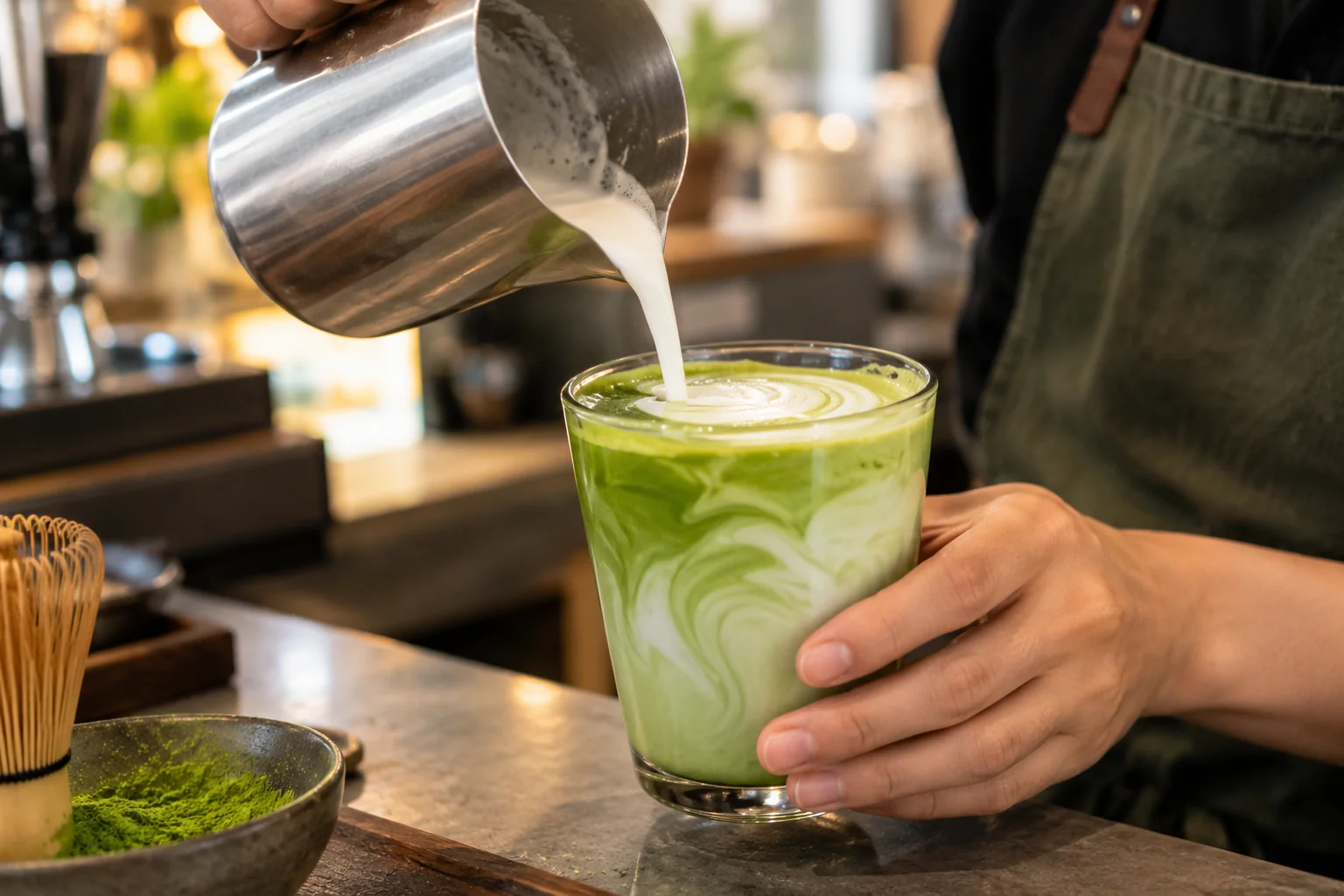A vibrant green matcha latte being poured, highlighting the ideal color achieved with premium barista grade matcha