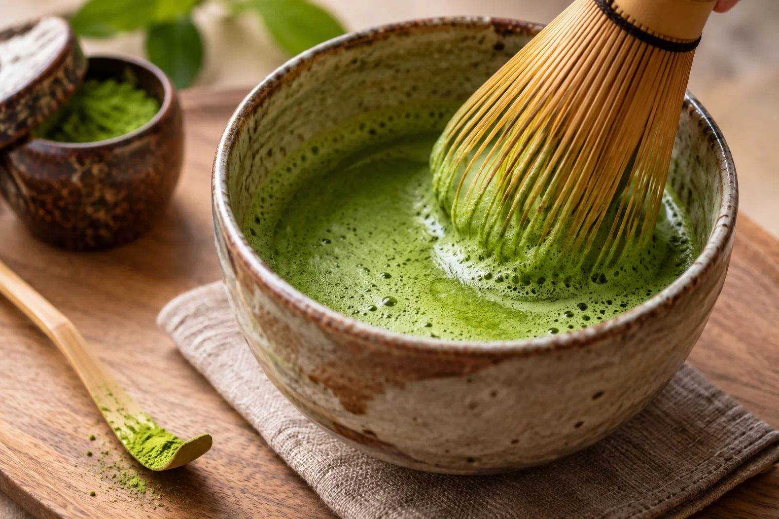 A bowl of vibrant green ceremonial grade matcha being whisked for a traditional tea ceremony