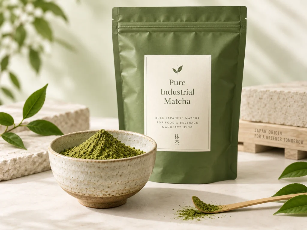 Pure Industrial Matcha powder in a ceramic bowl with branded bulk matcha pouch and wooden scoop in a clean natural-light setting.
