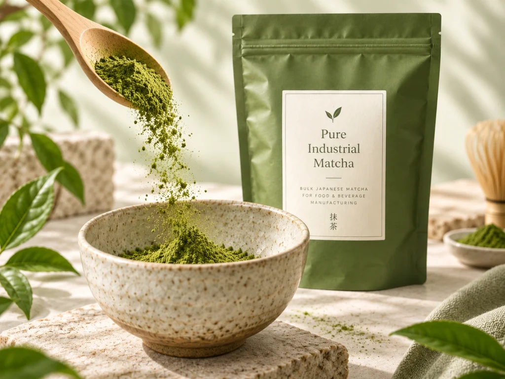 Close-up of Pure Industrial Matcha powder being poured from a wooden scoop into a ceramic bowl with branded packaging in the background.
