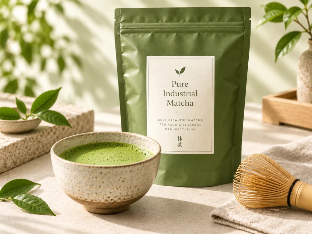 Pure Industrial Matcha prepared in a ceramic bowl beside the branded pouch and bamboo whisk in a soft natural studio setting.