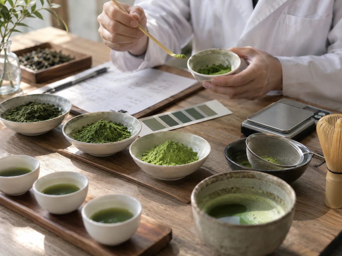 Professional matcha tasting and quality testing desk with multiple powder samples