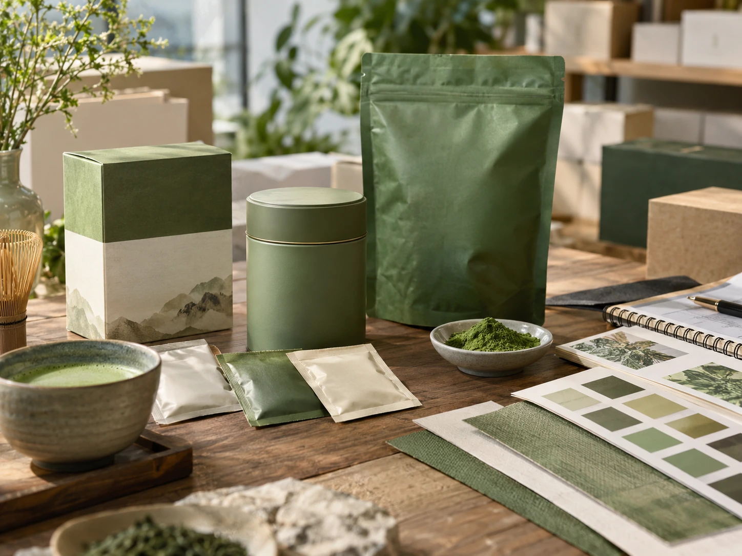 Natural matcha packaging options with pouch tin and box concepts