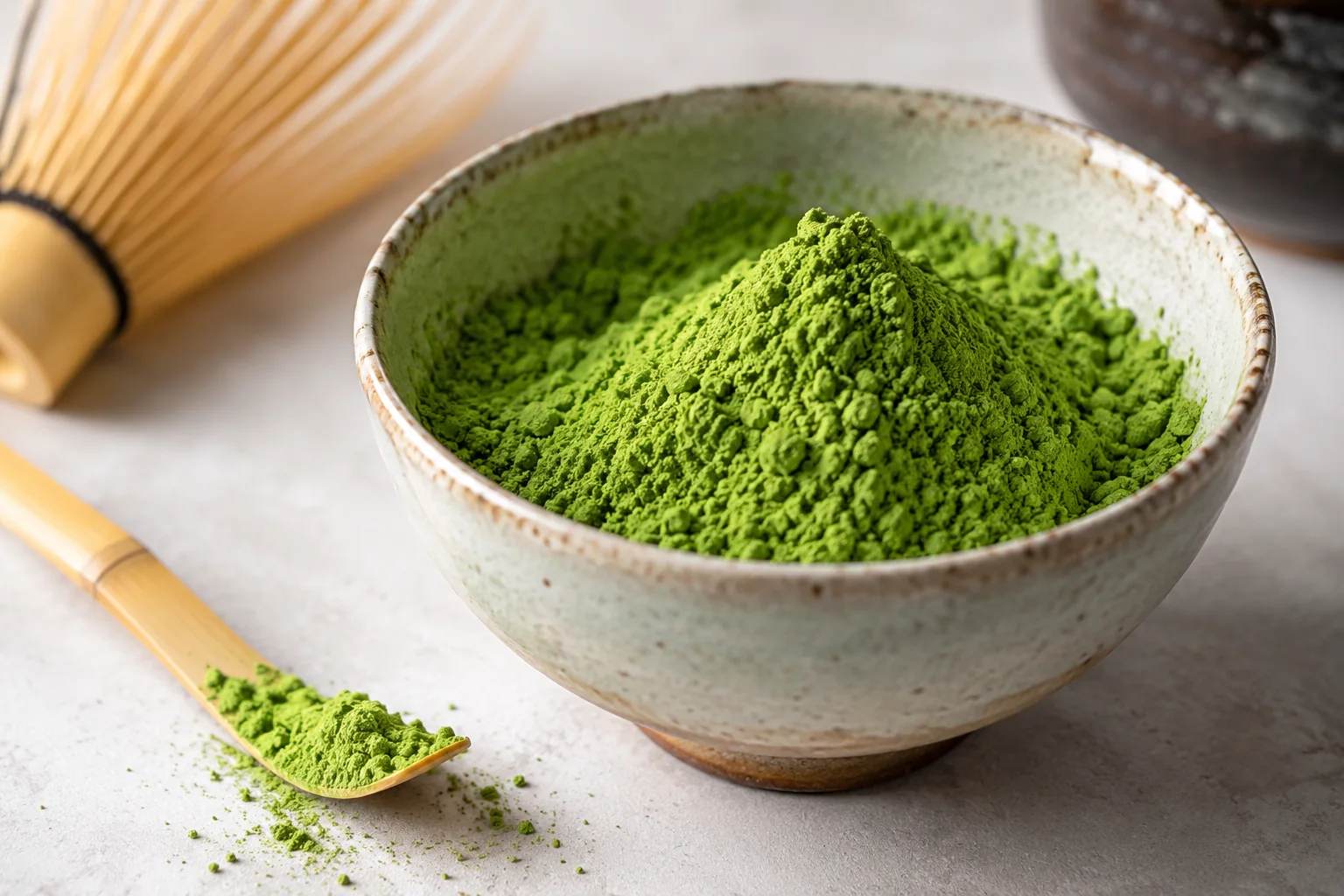 A close-up of vibrant green ceremonial grade matcha powder, demonstrating the ideal matcha color for pure tea.